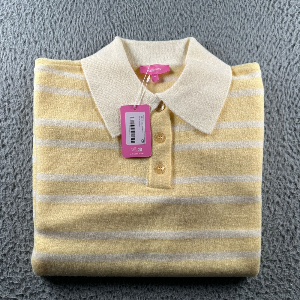 Edikted Rilynn Knit Sweater Womens XS Yellow White Stripe Long Sleeve Collar NWT